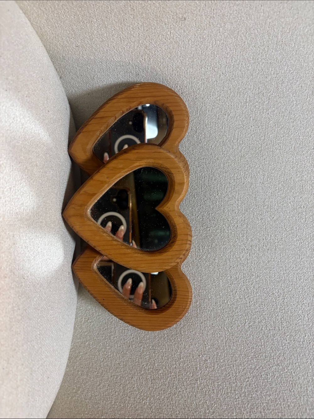 Wooden Heart-Shaped Triple Mirrors - Natural Wood